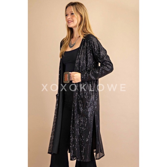 Black SEQUIN Open Front Duster Long Fully Lined - Picture 8 of 13